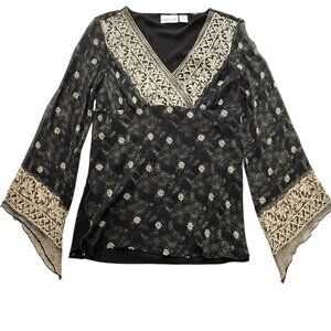 Vtg Y2k Babydoll Top Womens Sz L Witchy Festival asymmetrical 100% Silk‎ Boho